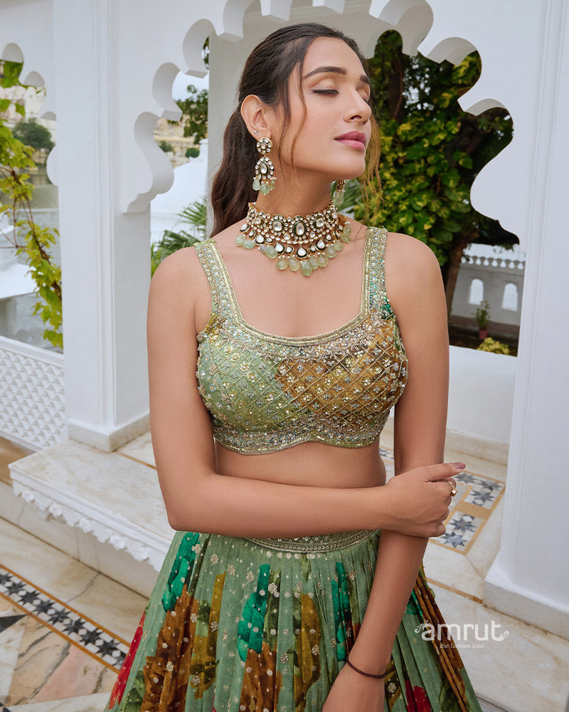 Green Floral Print Lehenga Choli with Embellished Detailing and Dupatta 0