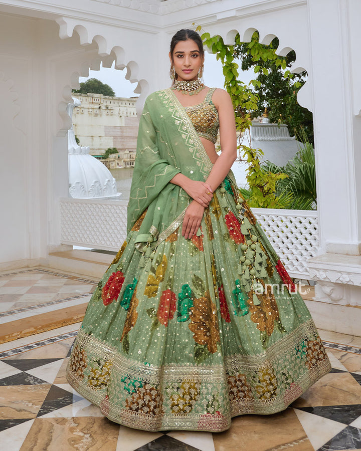 Green Floral Print Lehenga Choli with Embellished Detailing and Dupatta 01