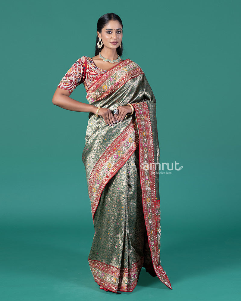 Green and Red Border Banarasi Silk Saree with Intricate Zari Weaving and Stitched Blouse 01