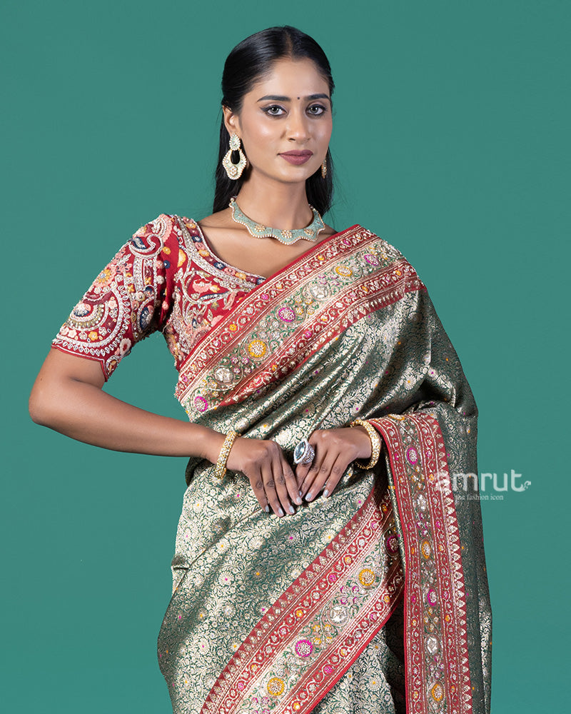 Green and Red Border Banarasi Silk Saree with Intricate Zari Weaving and Stitched Blouse 02