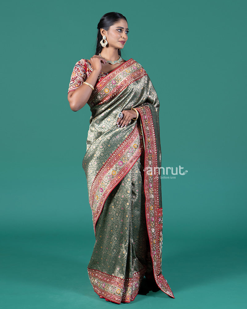 Green and Red Border Banarasi Silk Saree with Intricate Zari Weaving and Stitched Blouse 04