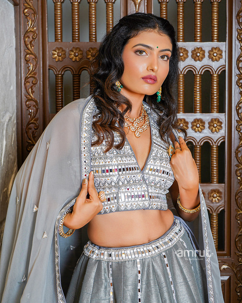 Grey Thread and Mirror Work Embroidered Silk Lehenga Set With Dupatta