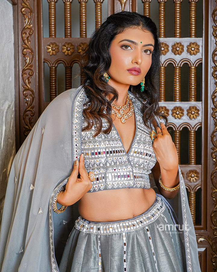 Grey Thread and Mirror Work Embroidered Silk Lehenga Set With Dupatta