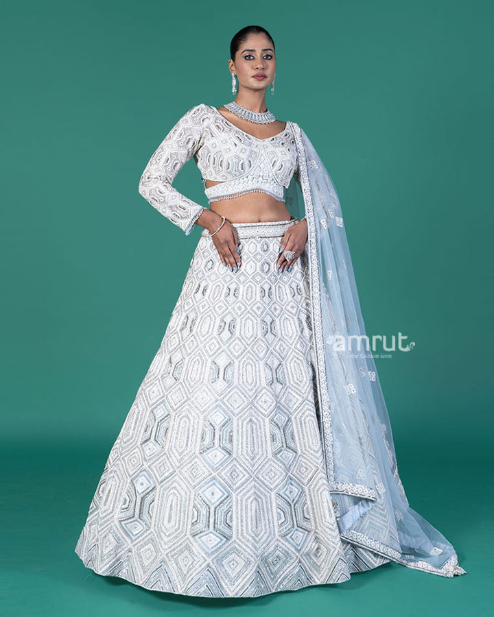 Grey Silver Lehenga and Embroidered Gray Choli with Matching Dupatta 04