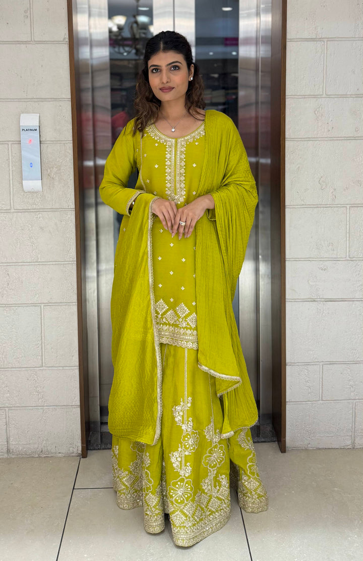 Lime Yellow Georgette Embroidered Sharara Set with Gota & Mirror Work