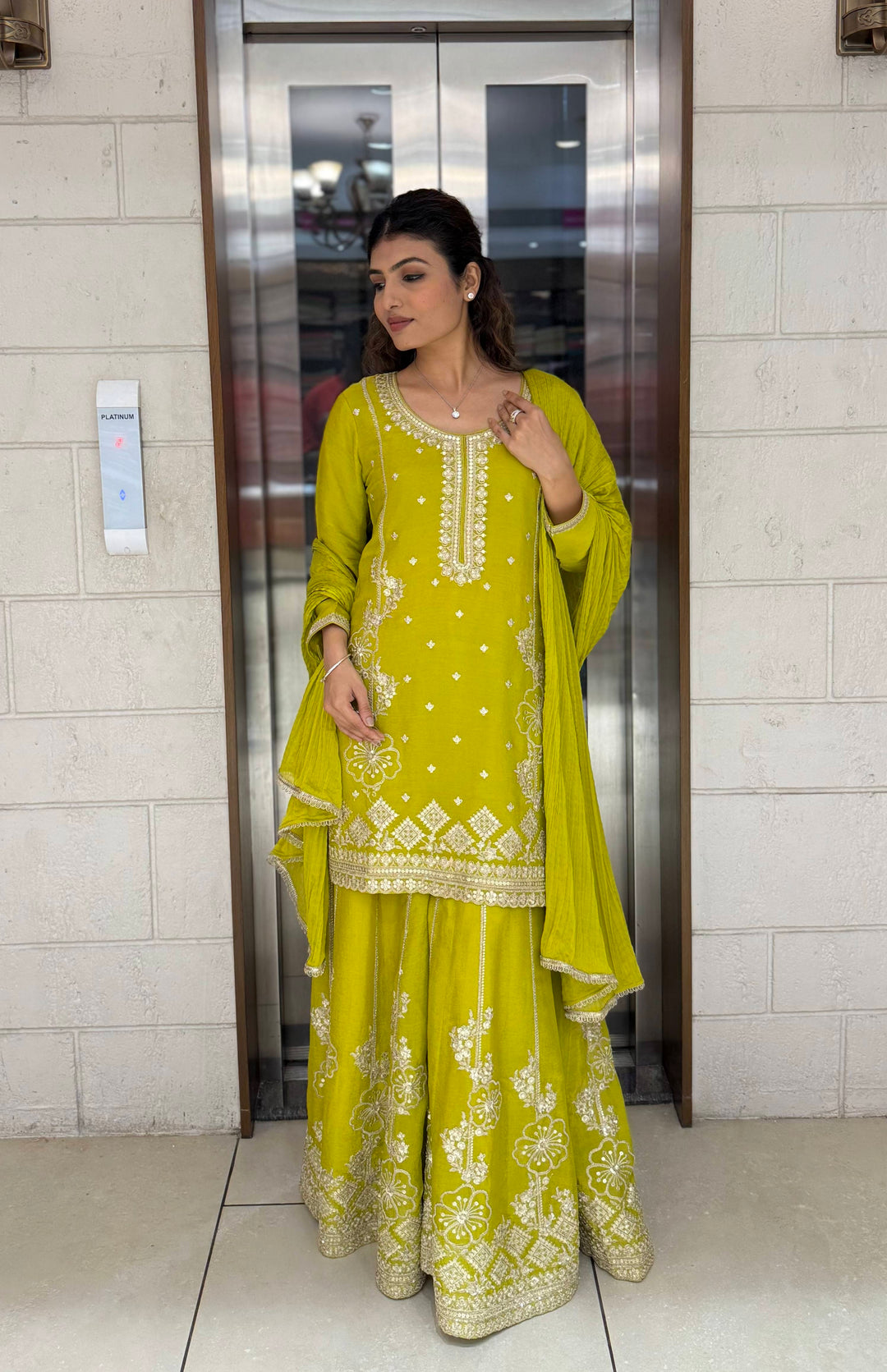Lime Yellow Georgette Embroidered Sharara Set with Gota & Mirror Work