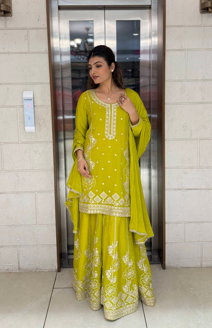 Lime Yellow Georgette Embroidered Sharara Set with Gota & Mirror Work
