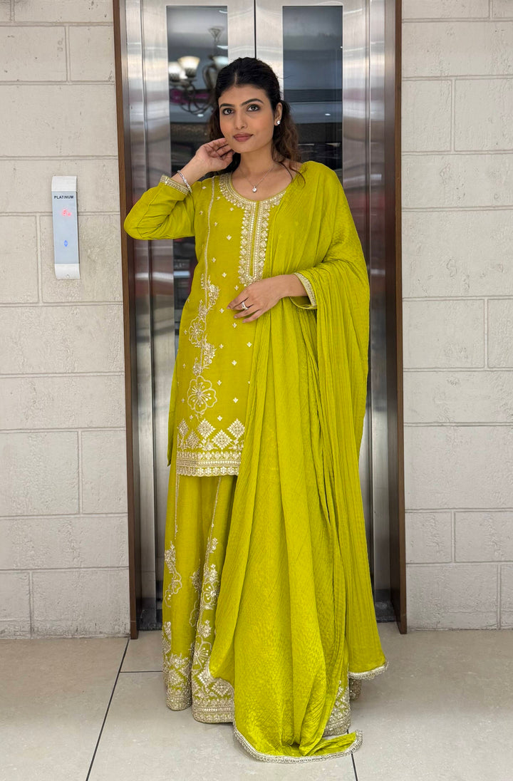 Lime Yellow Georgette Embroidered Sharara Set with Gota & Mirror Work