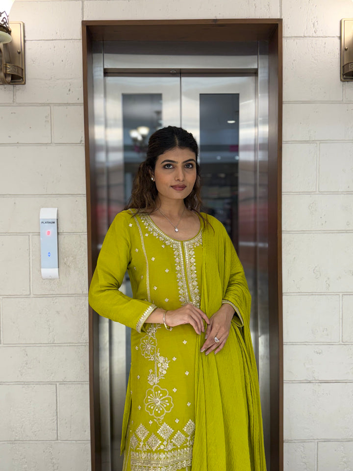 Lime Yellow Georgette Embroidered Sharara Set with Gota & Mirror Work