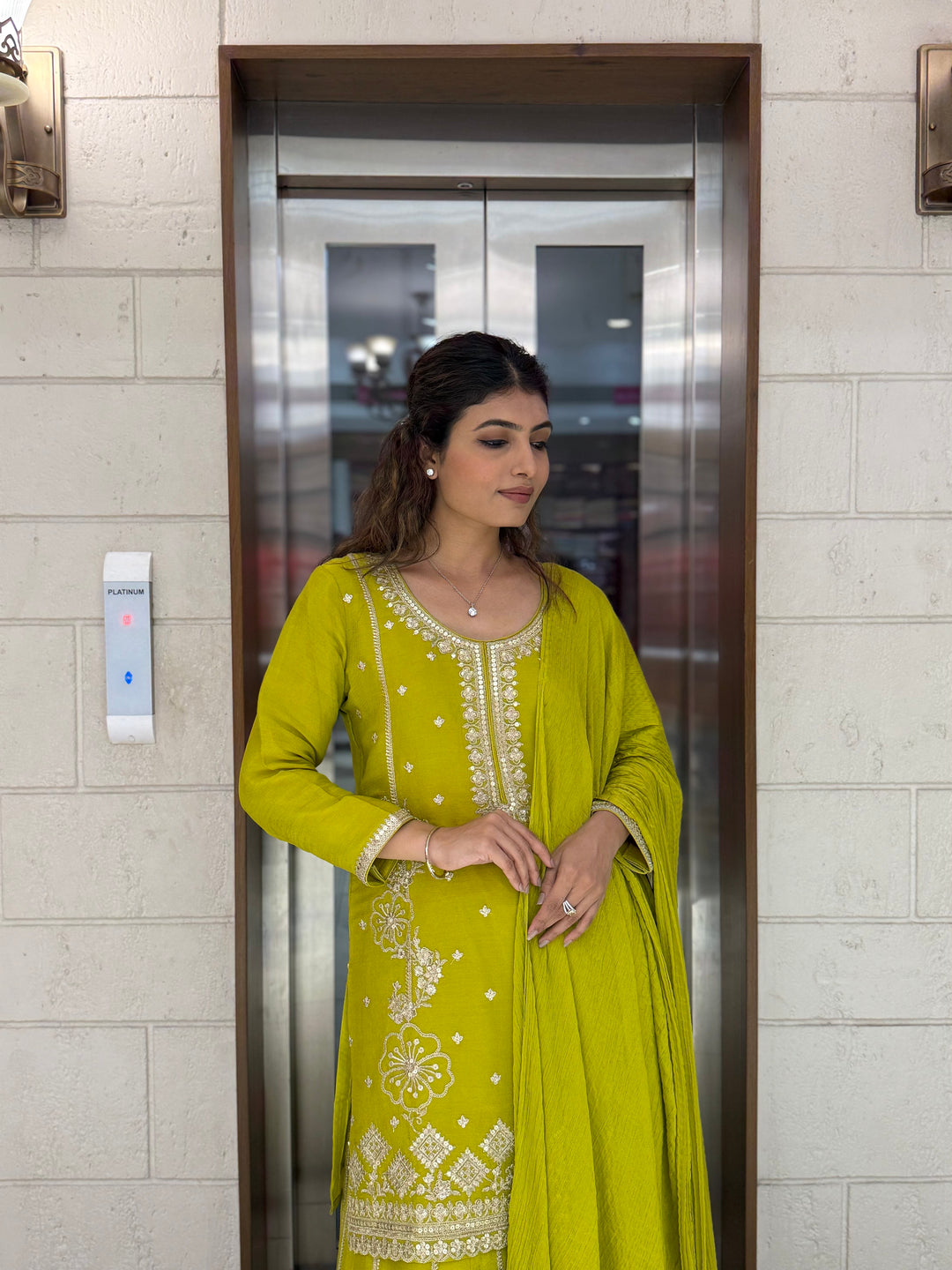 Lime Yellow Georgette Embroidered Sharara Set with Gota & Mirror Work