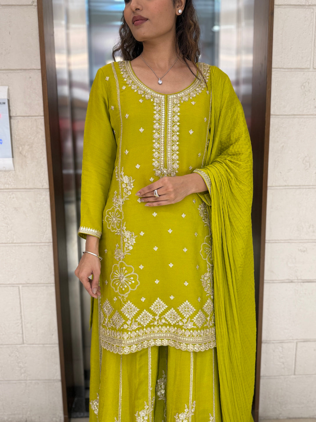 Lime Yellow Georgette Embroidered Sharara Set with Gota & Mirror Work