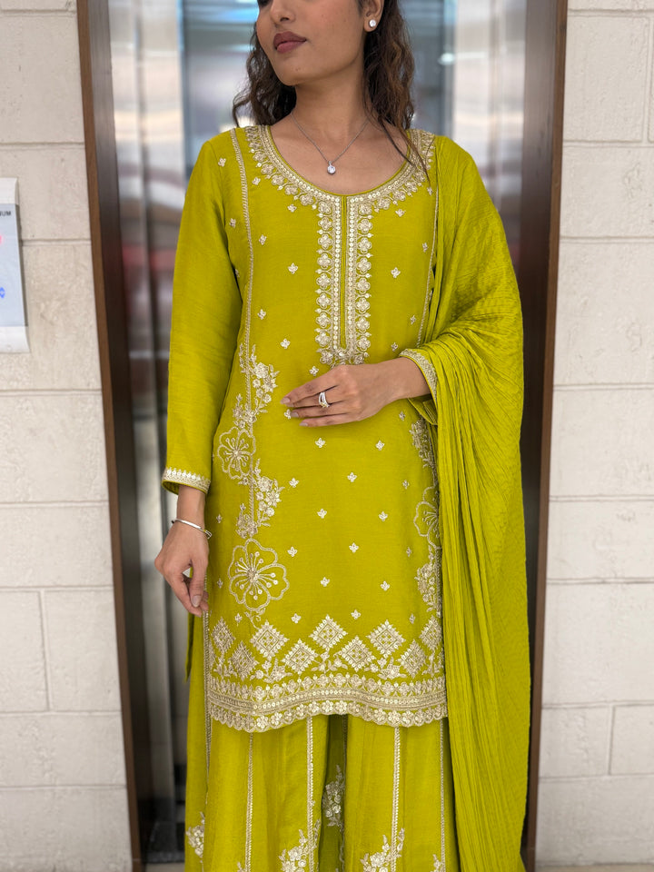 Lime Yellow Georgette Embroidered Sharara Set with Gota & Mirror Work