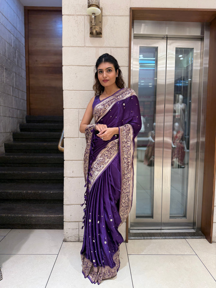 Royal Purple Satin Silk Saree with Zari Embroidered Border & Sequin Detailing