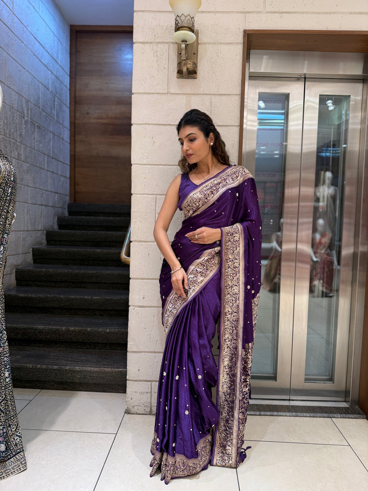 Royal Purple Satin Silk Saree with Zari Embroidered Border & Sequin Detailing