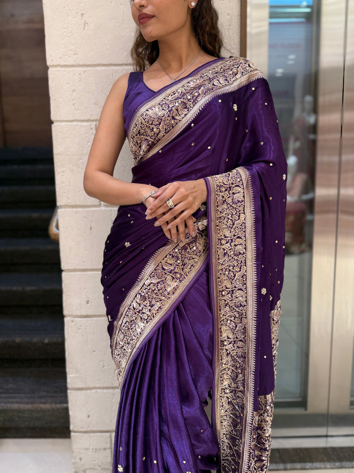 Royal Purple Satin Silk Saree with Zari Embroidered Border & Sequin Detailing