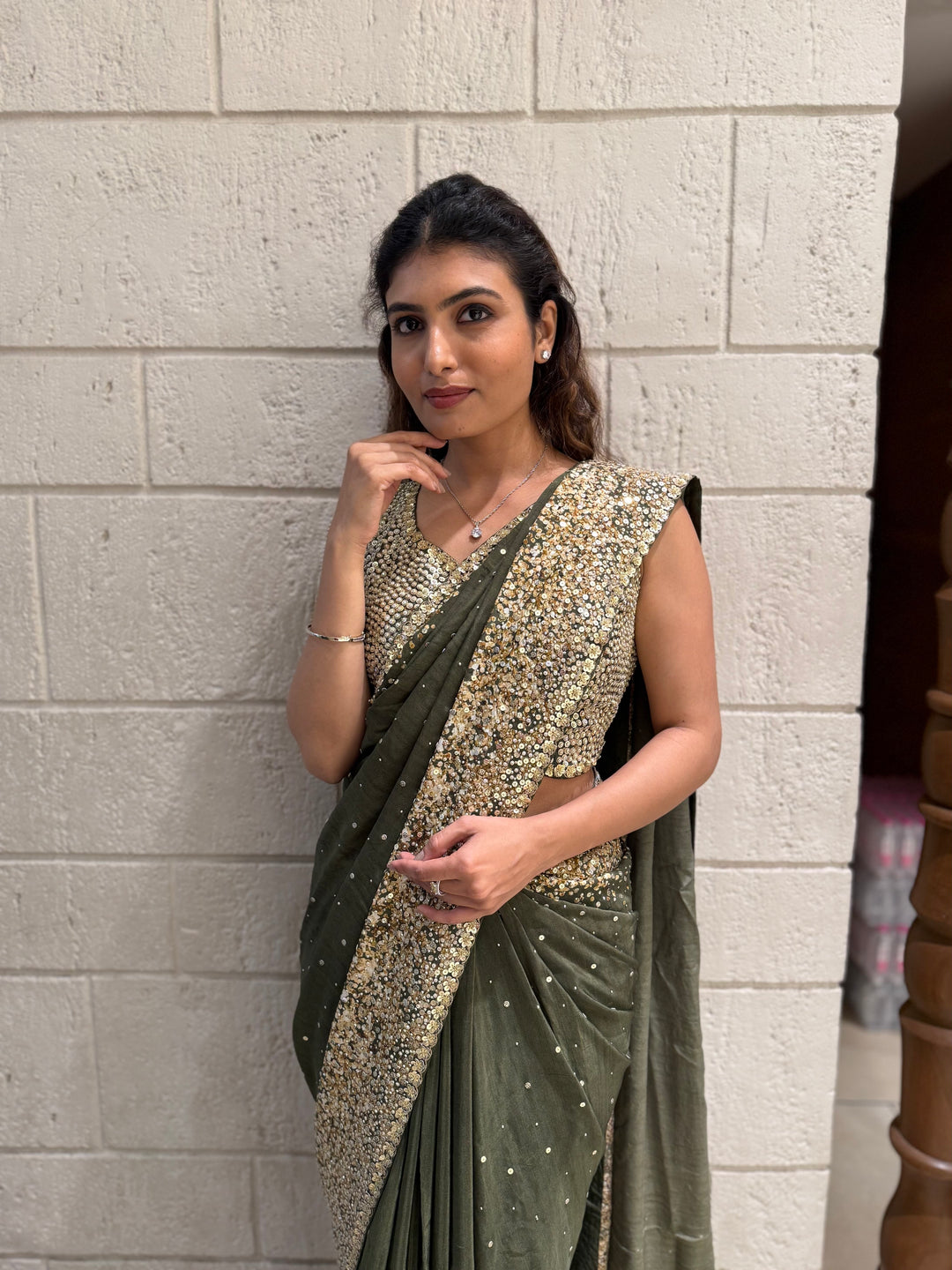 Olive Green Georgette Saree with Sequin and Pearl Embroidery – Elegant Party