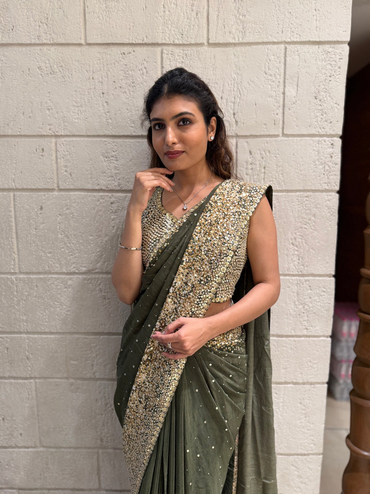 Olive Green Georgette Saree with Sequin and Pearl Embroidery – Elegant Party