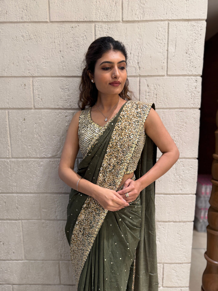 Olive Green Georgette Saree with Sequin and Pearl Embroidery – Elegant Party