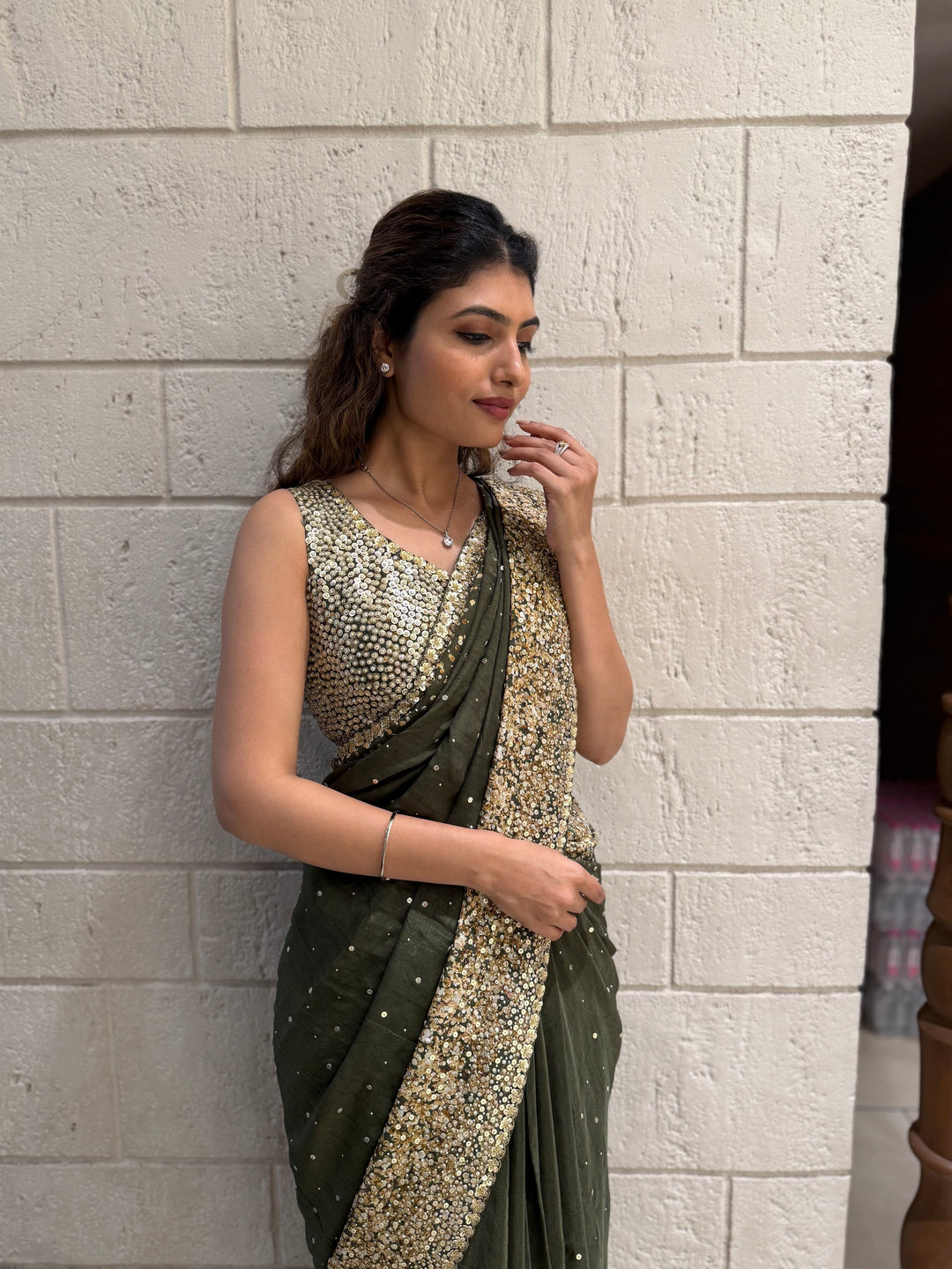 Olive Green Georgette Saree with Sequin and Pearl Embroidery – Elegant Party