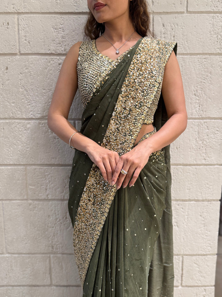 Olive Green Georgette Saree with Sequin and Pearl Embroidery – Elegant Party