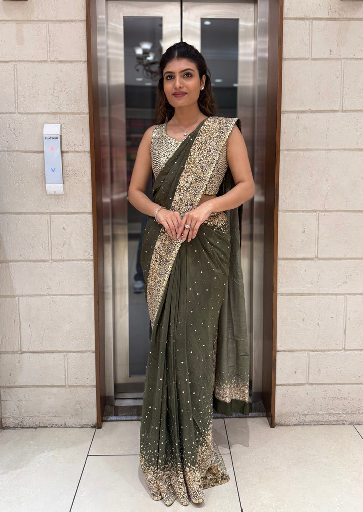 Olive Green Georgette Saree with Sequin and Pearl Embroidery – Elegant Party