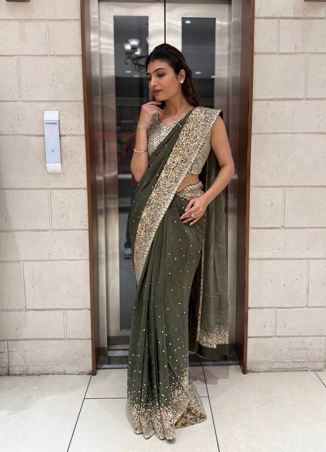 Olive Green Georgette Saree with Sequin and Pearl Embroidery – Elegant Party