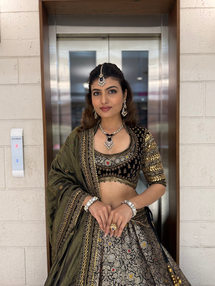 Olive Green and Black Banarasi Brocade Lehenga Set with Zari Embroidery and Silk Dupatta