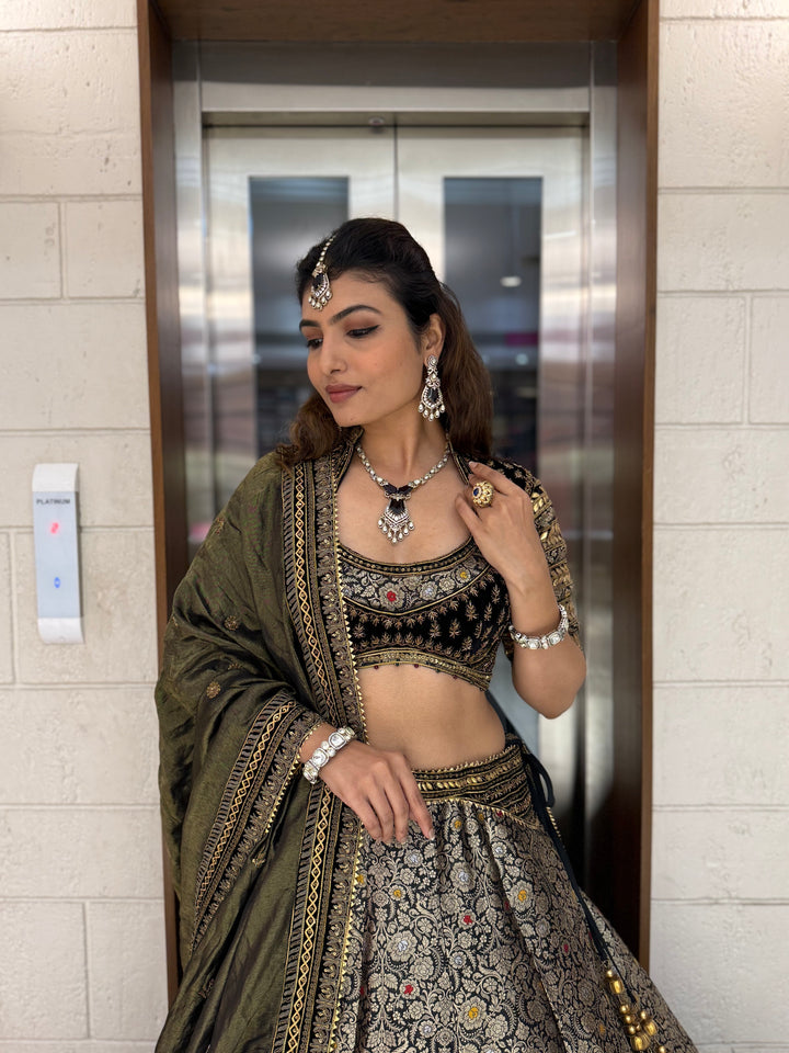 Olive Green and Black Banarasi Brocade Lehenga Set with Zari Embroidery and Silk Dupatta