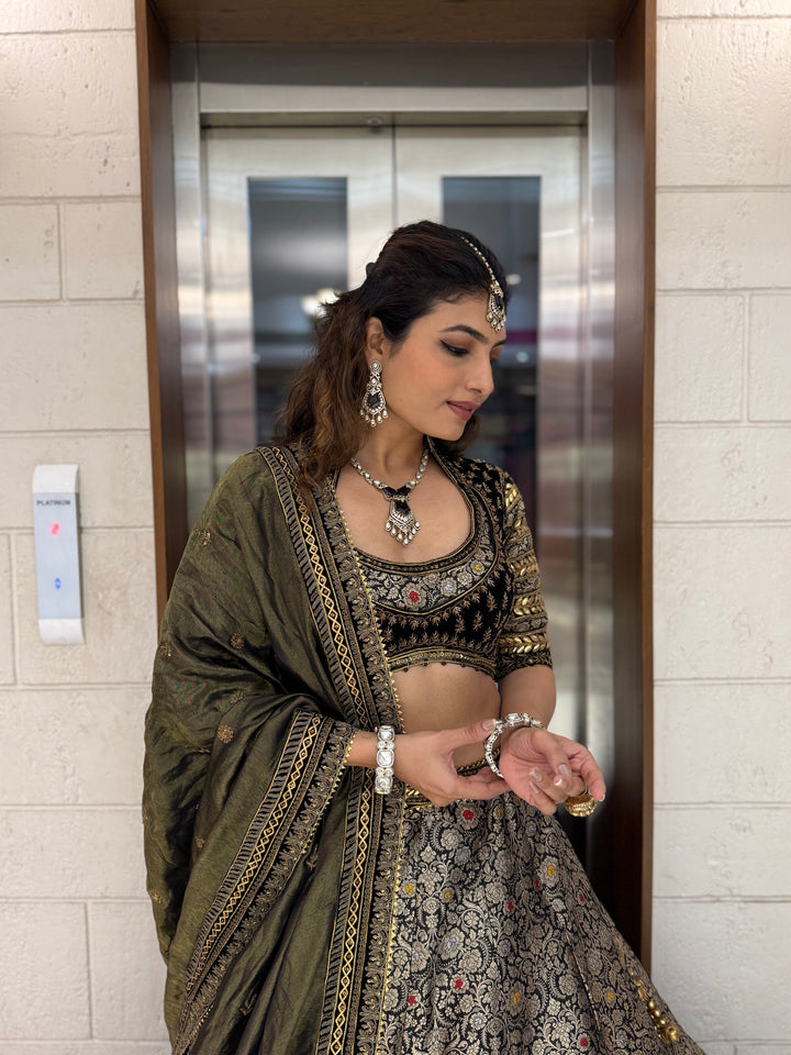 Olive Green and Black Banarasi Brocade Lehenga Set with Zari Embroidery and Silk Dupatta