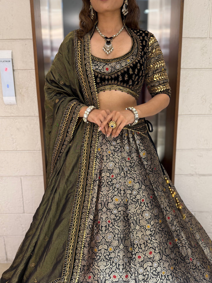 Olive Green and Black Banarasi Brocade Lehenga Set with Zari Embroidery and Silk Dupatta