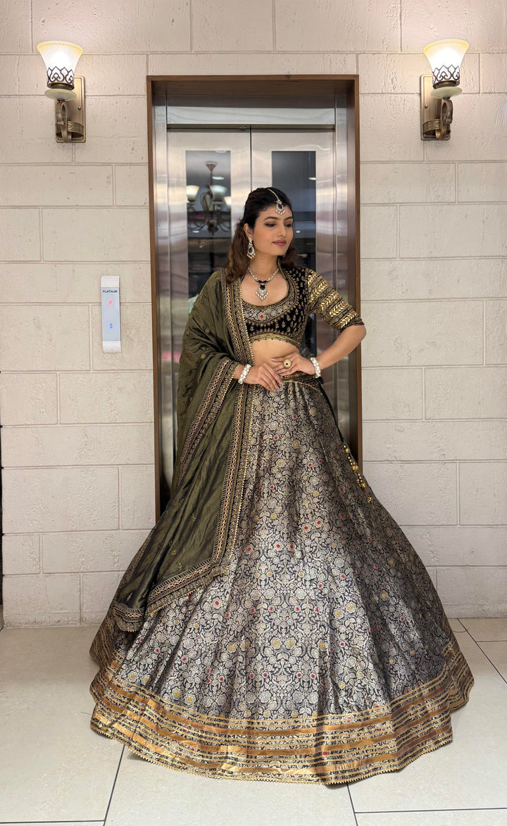 Olive Green and Black Banarasi Brocade Lehenga Set with Zari Embroidery and Silk Dupatta