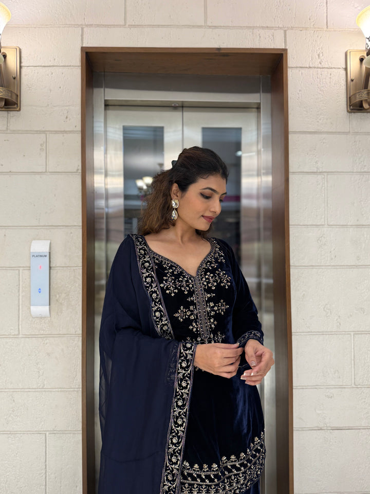 Navy Blue Velvet Embroidered Sharara Set with Dupatta