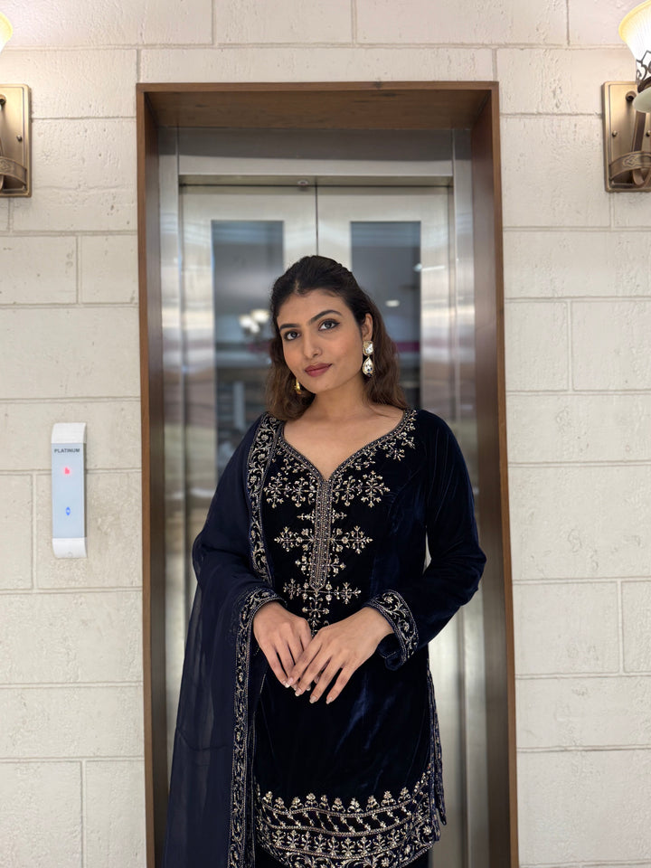 Navy Blue Velvet Embroidered Sharara Set with Dupatta