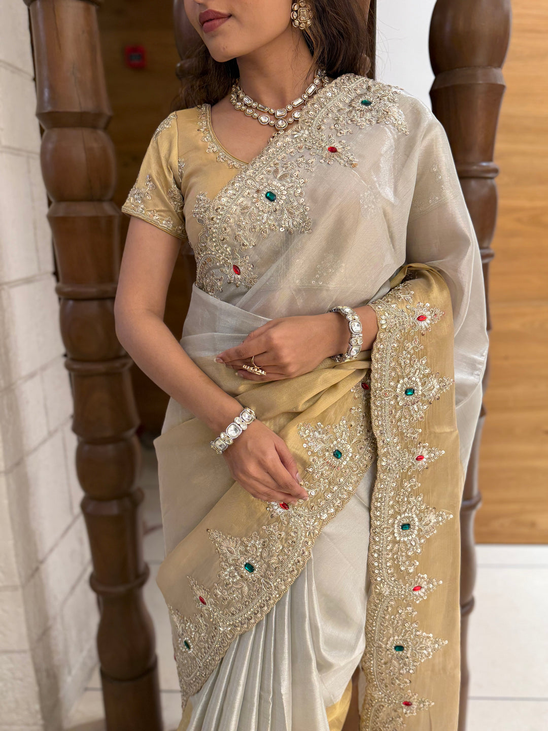 Ivory and Gold Embroidered Silk Saree with Matching Blouse