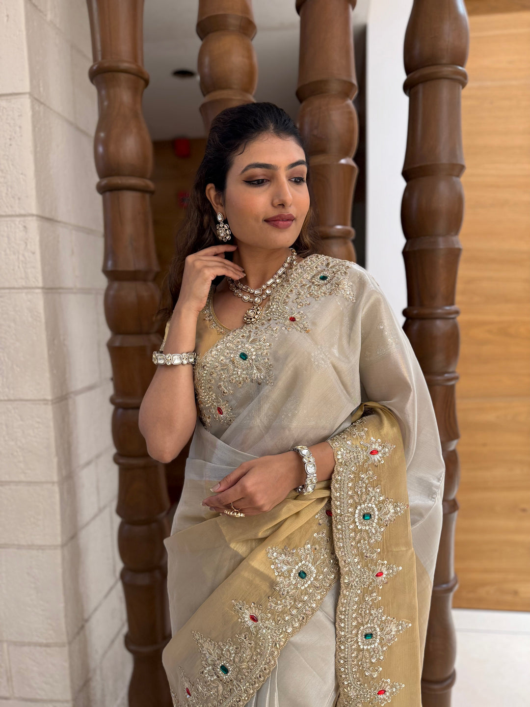 Ivory and Gold Embroidered Silk Saree with Matching Blouse