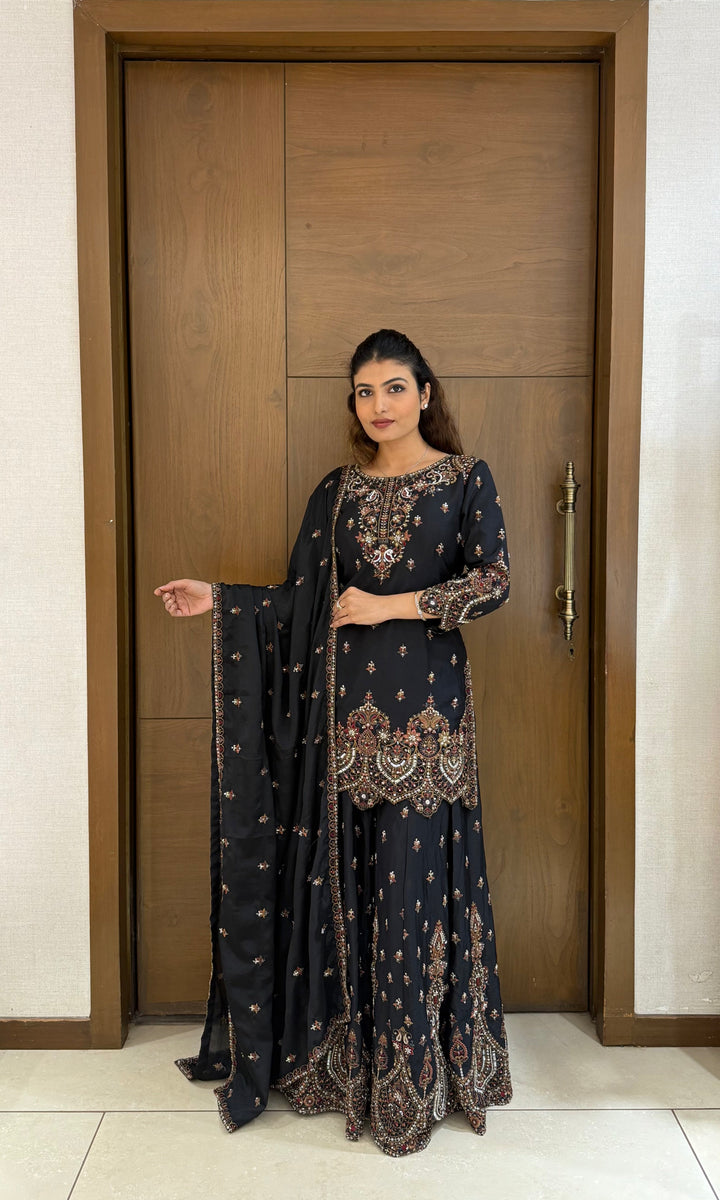 Black Georgette Embroidered Sharara Suit with Dupatta