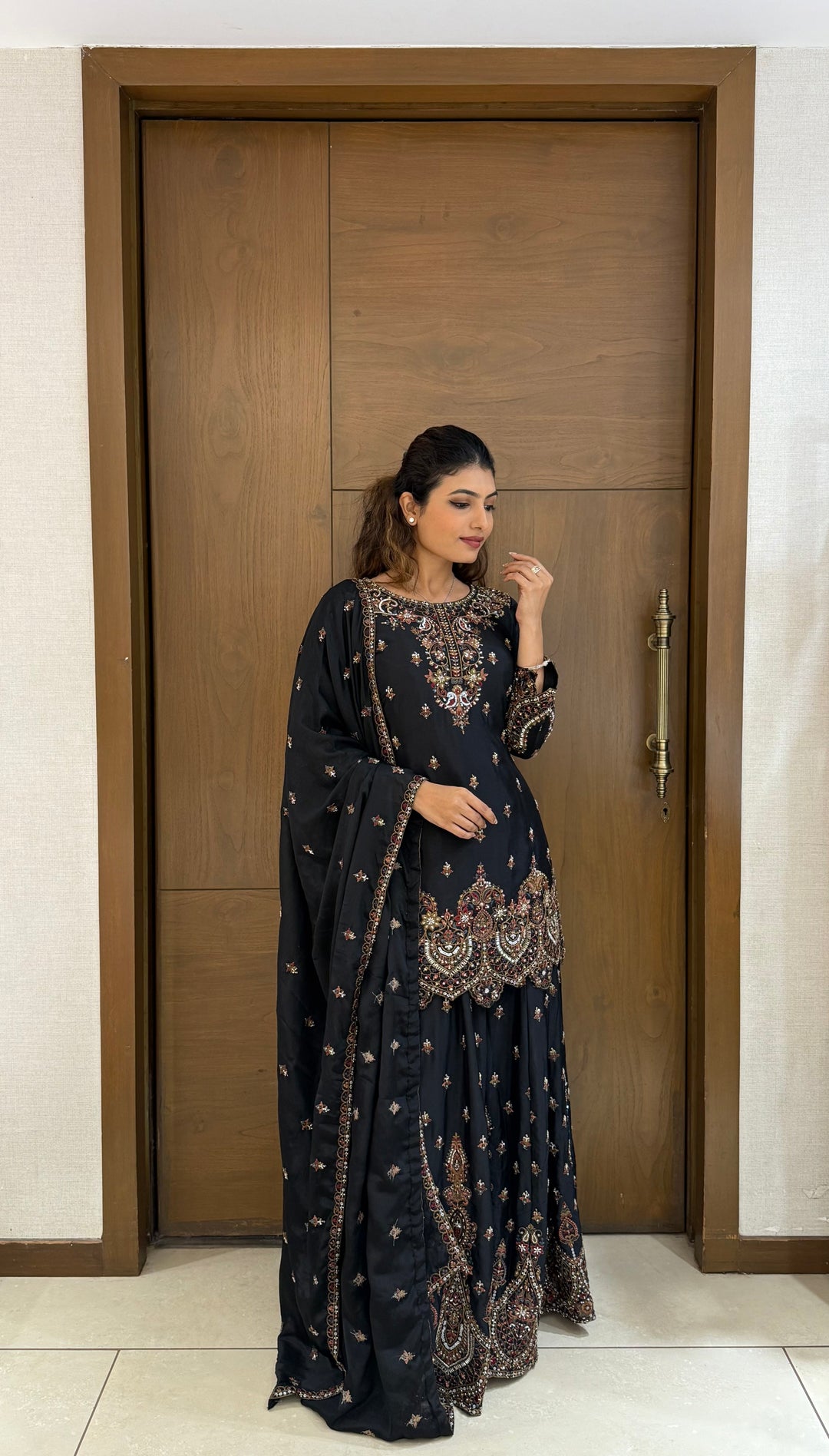 Black Georgette Embroidered Sharara Suit with Dupatta
