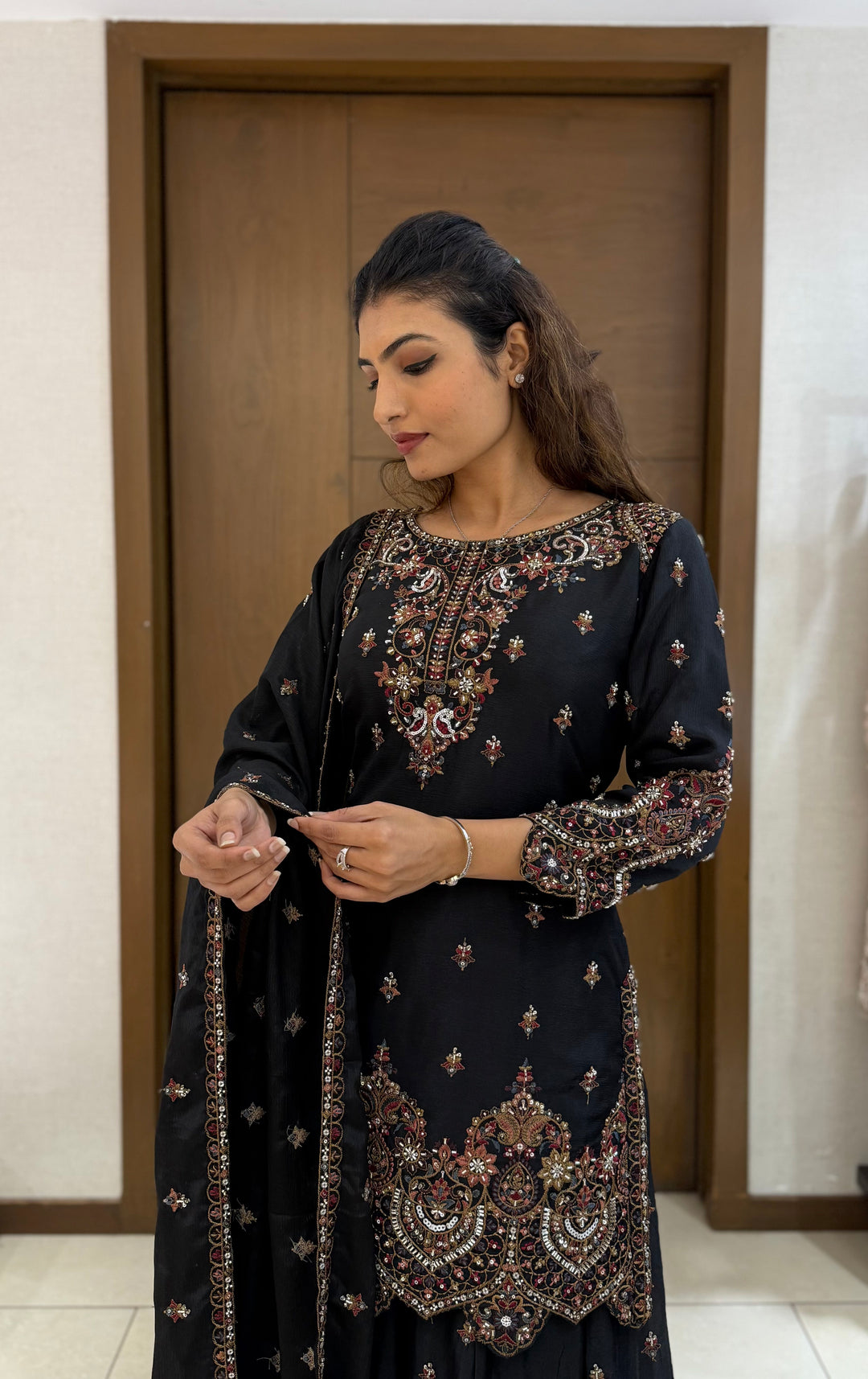 Black Georgette Embroidered Sharara Suit with Dupatta