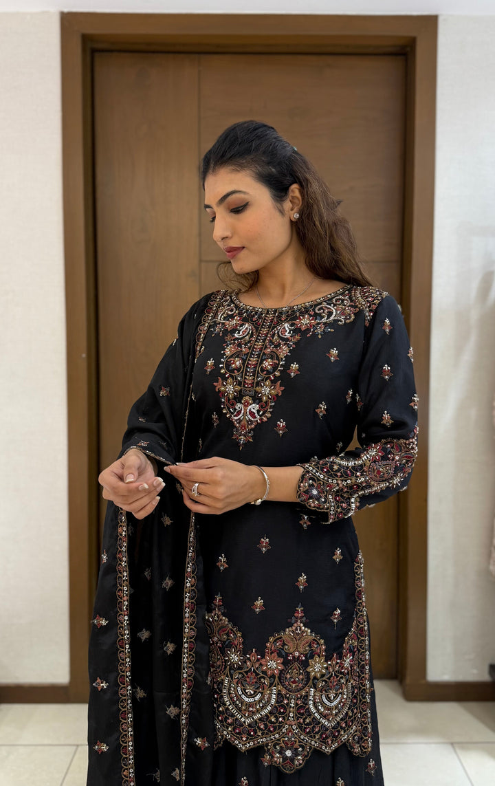 Black Georgette Embroidered Sharara Suit with Dupatta