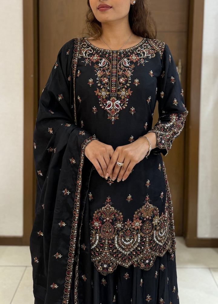 Black Georgette Embroidered Sharara Suit with Dupatta