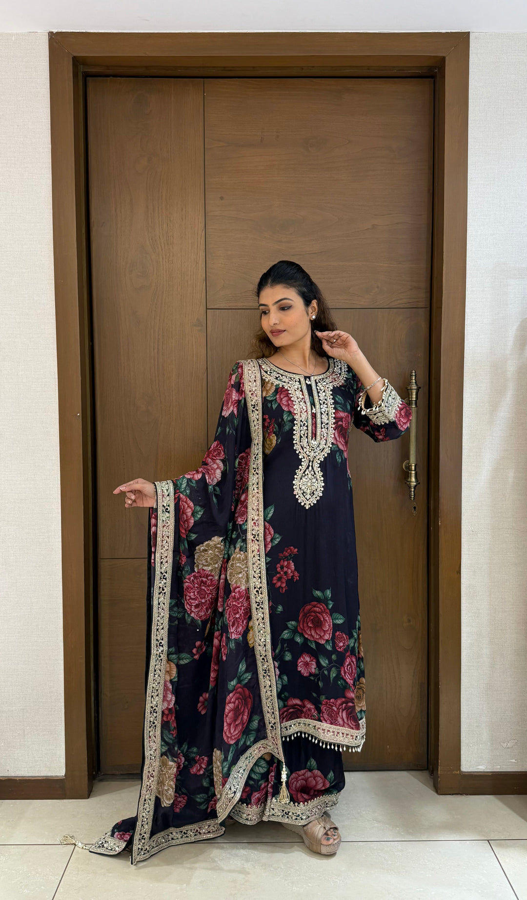 Black Floral Printed Embroidered Suit Set with Dupatta