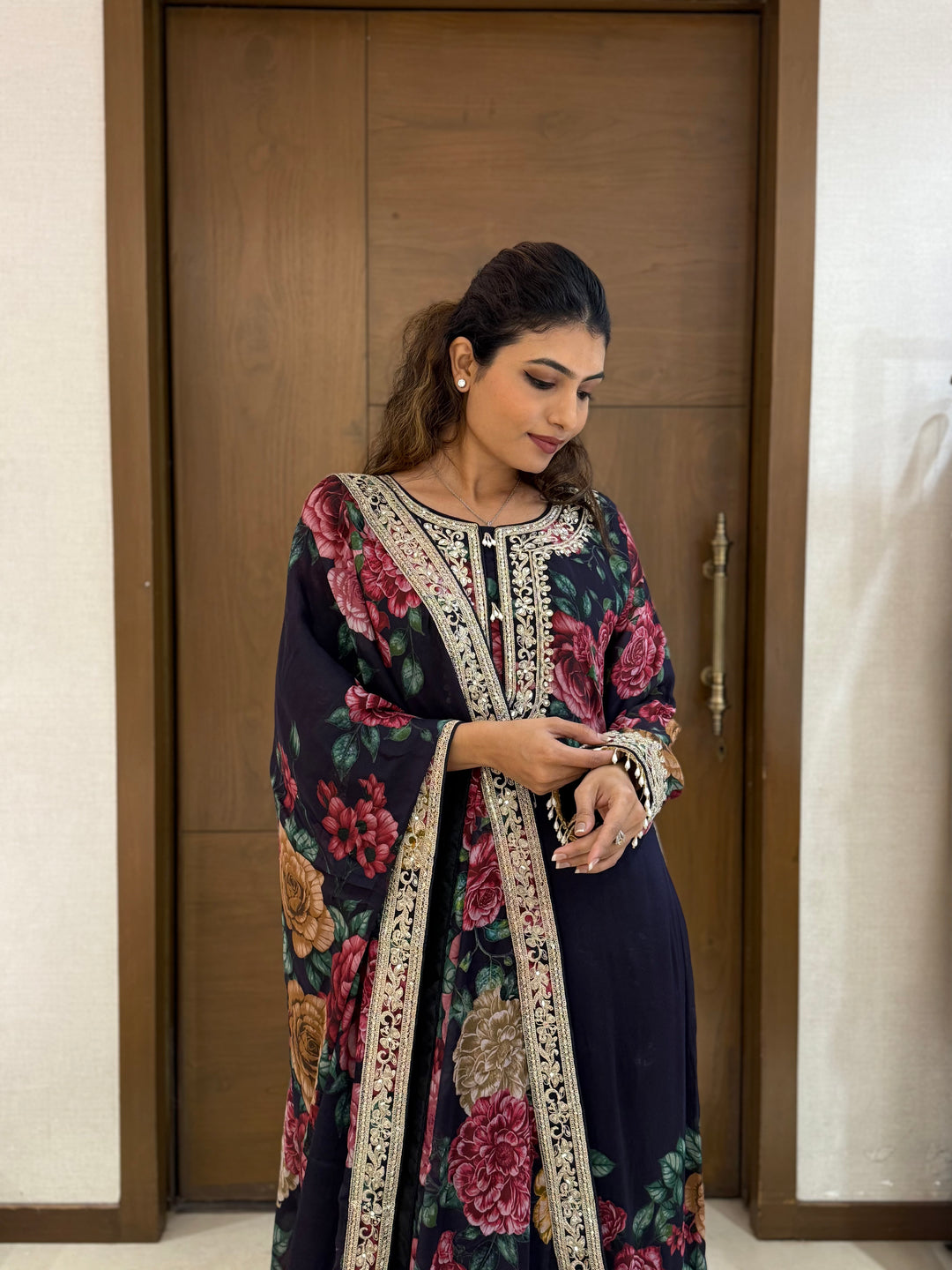 Black Floral Printed Embroidered Suit Set with Dupatta
