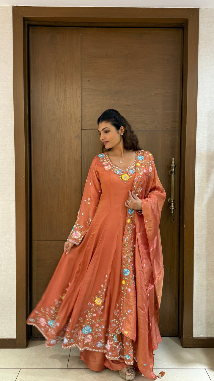 Elegant Rust Orange Embroidered Anarkali Suit with Dupatta