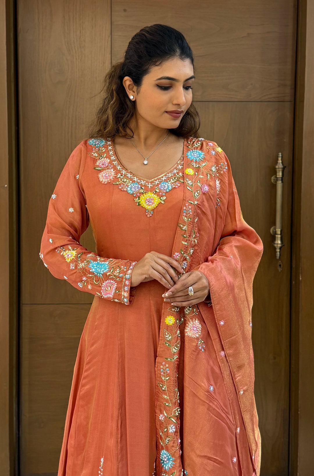 Elegant Rust Orange Embroidered Anarkali Suit with Dupatta