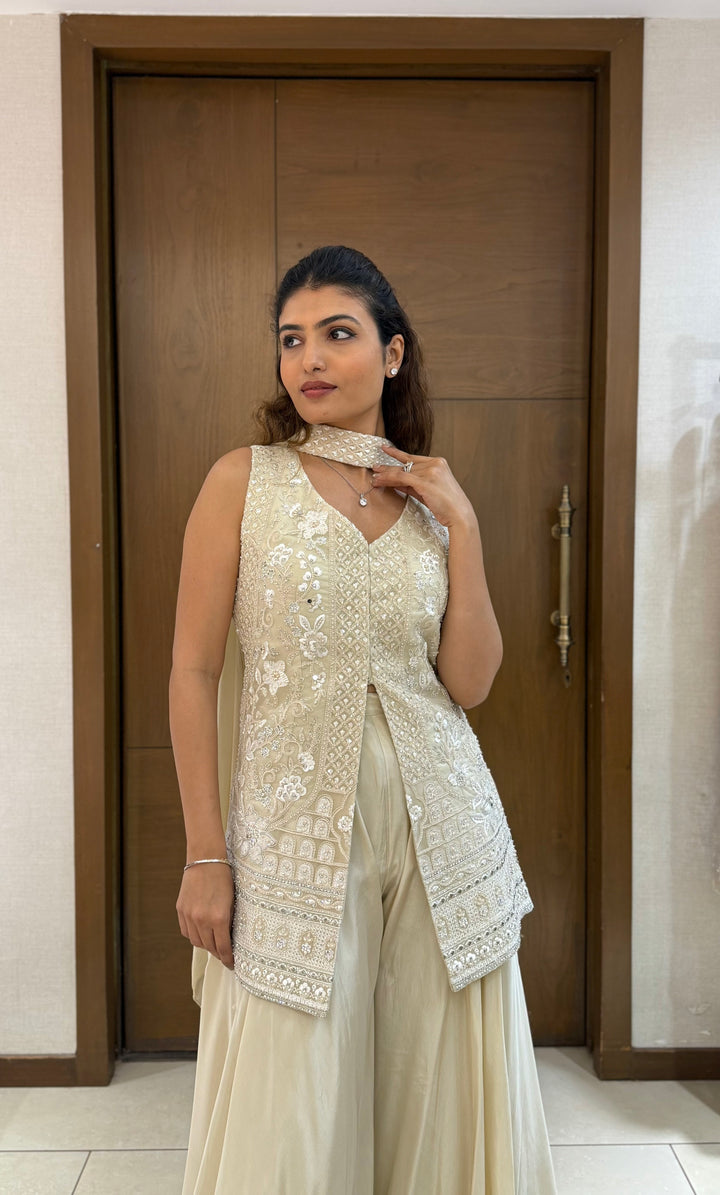 Ivory Georgette Embroidered Sharara Set with Jacket & Dupatta