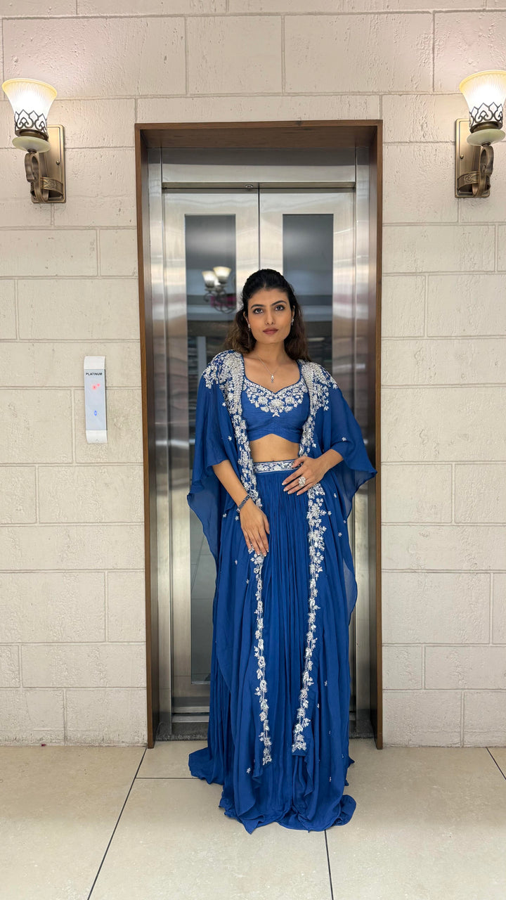 Royal Blue Indo-Western Cape Set – Sapphire Elegance Edition