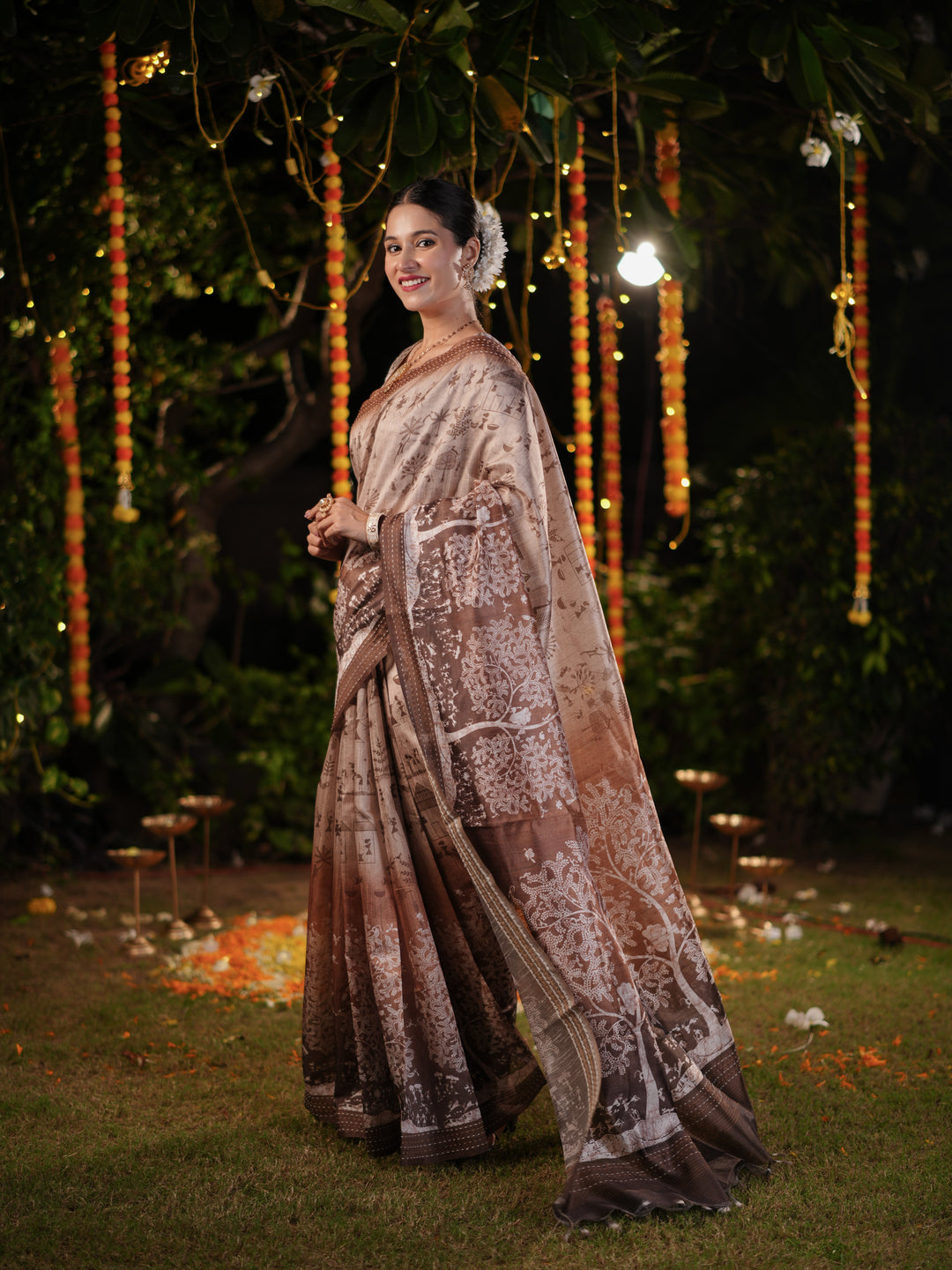 Brown PV Cotton Khadi Saree with Intricate Floral Prints and Unstitched Blouse