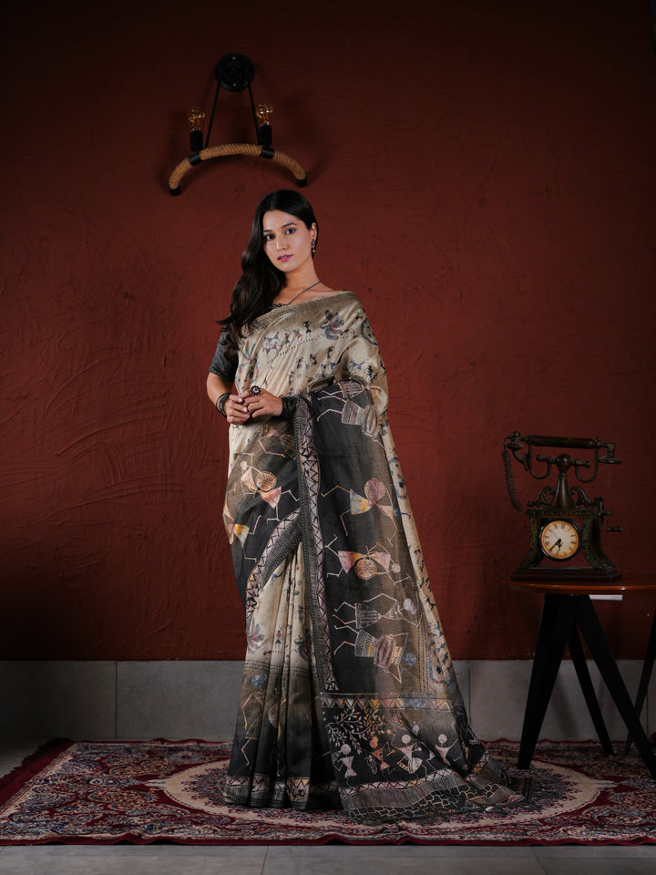 Ethnic Warli Print Saree in Khadi Style PV Cotton with Unstitched Blouse