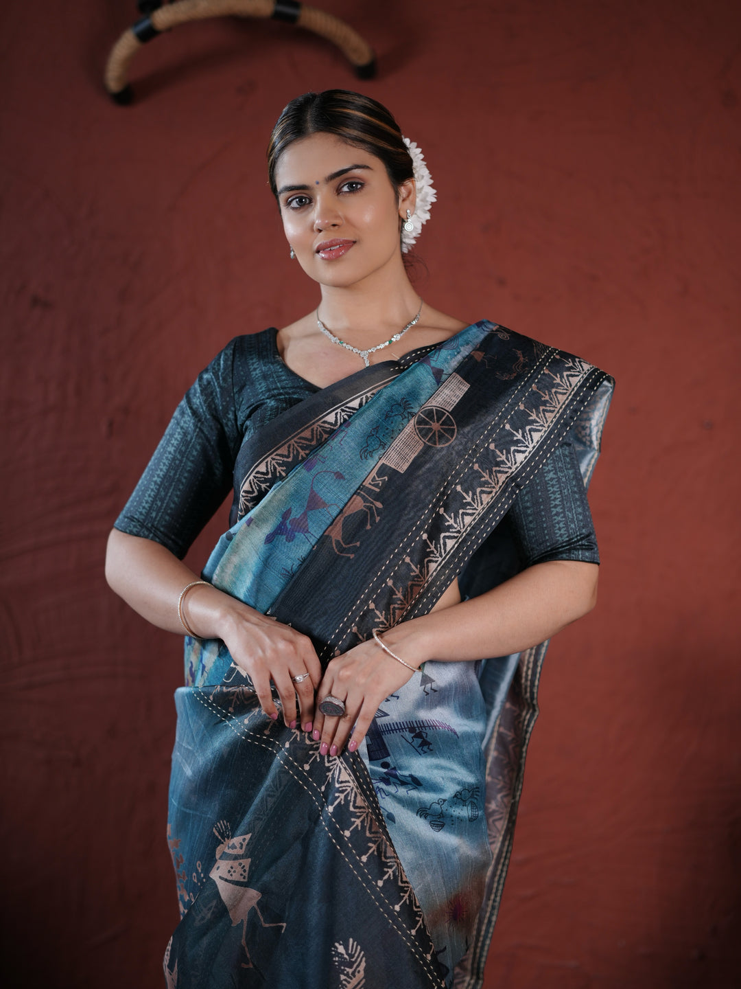 Charcoal Grey PV Cotton Khadi Saree with Warli Art Tribal Print and Unstitched Blouse