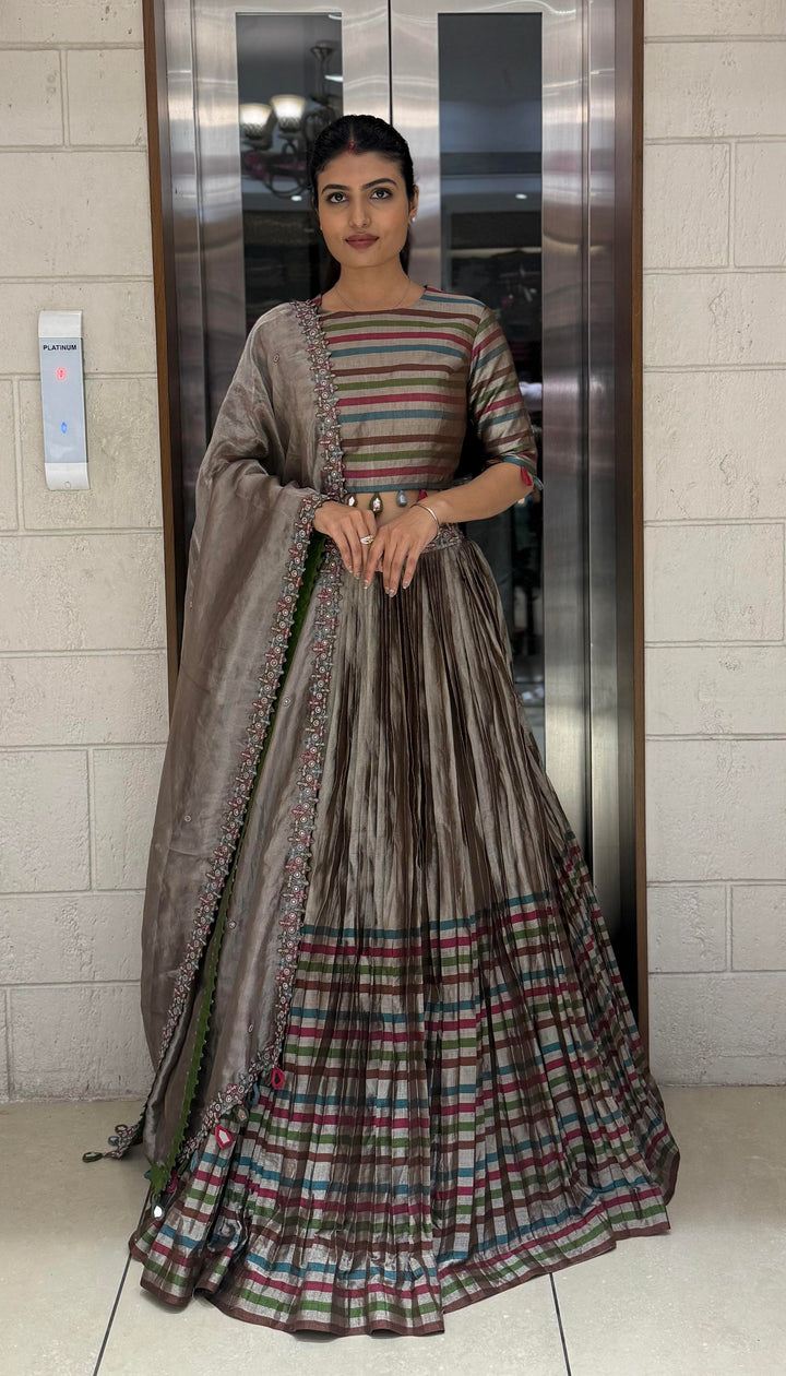 Mocha Brown Striped Silk Lehenga with Embroidered Dupatta